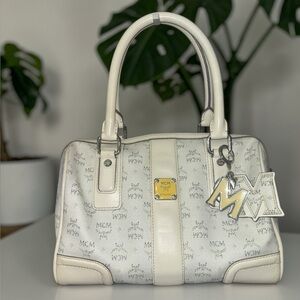 MCM Cream Logo Satchel with Gold Plaque and Charm